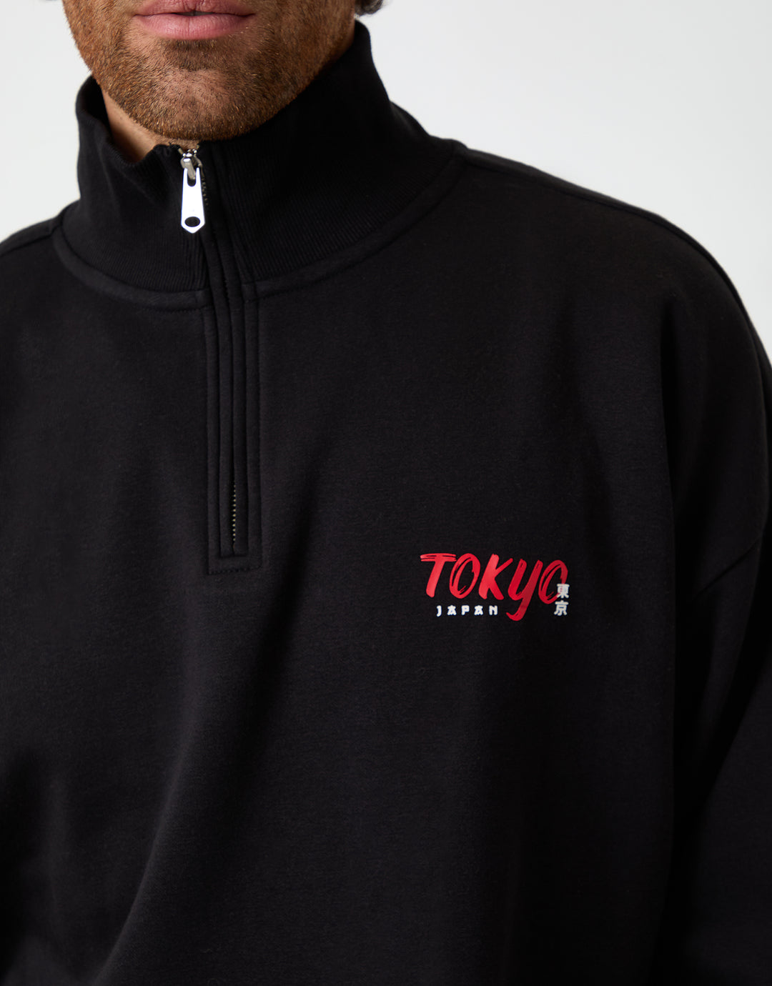 Black Relaxed Fit Graphic Print Quarter Zip Sweatshirt