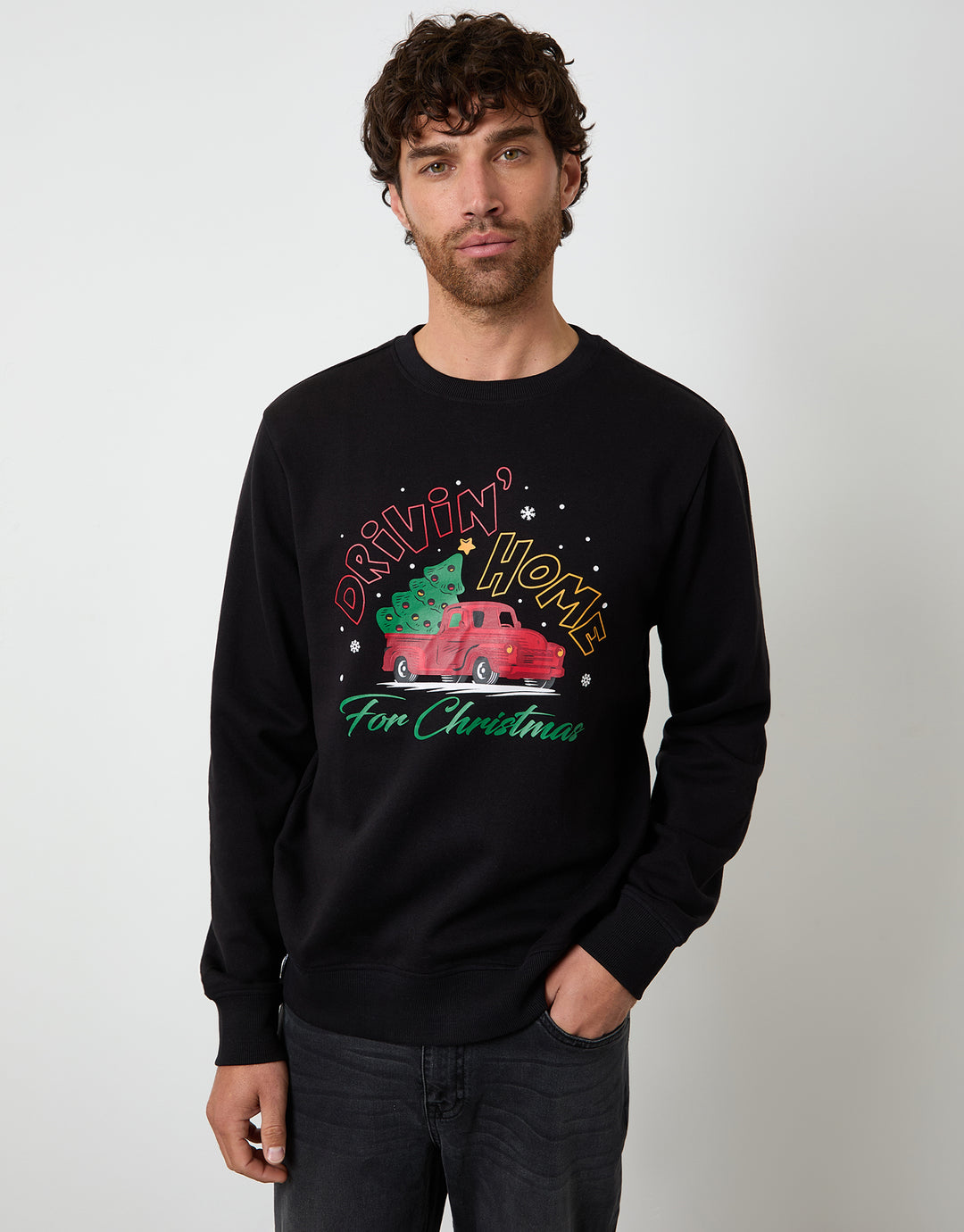 Black Christmas Graphic Print Crew Neck Sweatshirt