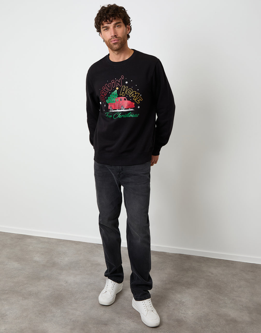 Black Christmas Graphic Print Crew Neck Sweatshirt