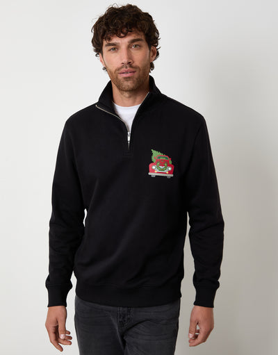 Black Christmas Graphic Print Quarter Zip Sweatshirt