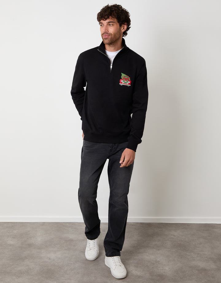 Black Christmas Graphic Print Quarter Zip Sweatshirt
