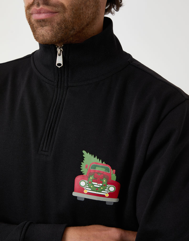 Black Christmas Graphic Print Quarter Zip Sweatshirt