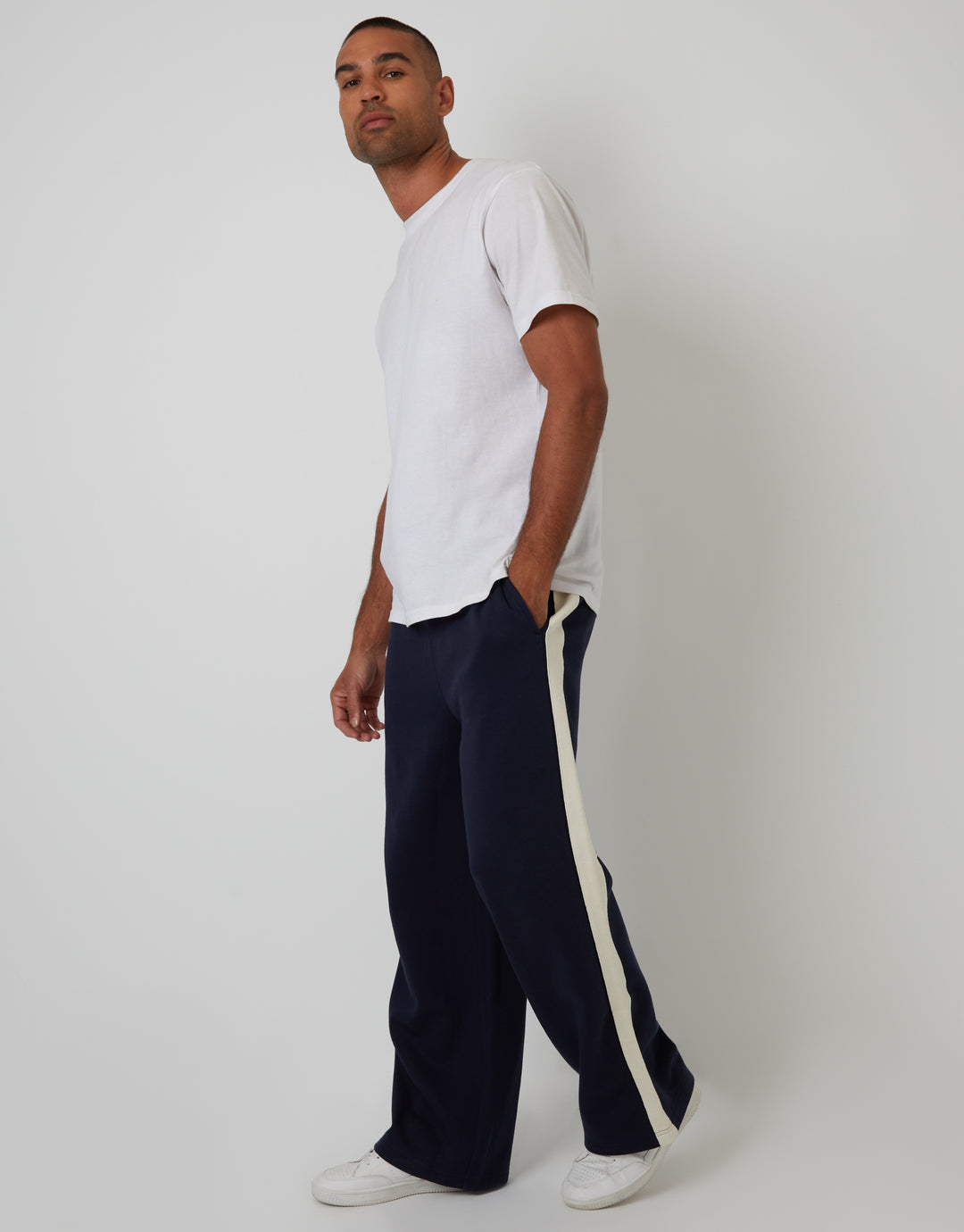 Navy Wide Leg Side Stripe Joggers