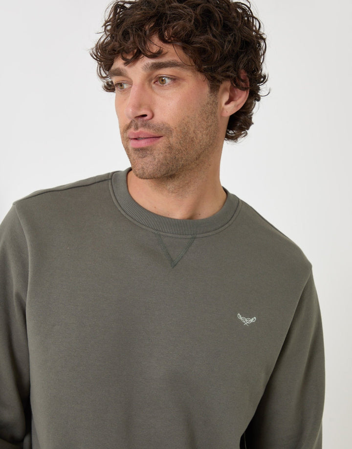 Threadbare Cotton Rich Crew Neck Sweatshirt in Dark Sage - close up