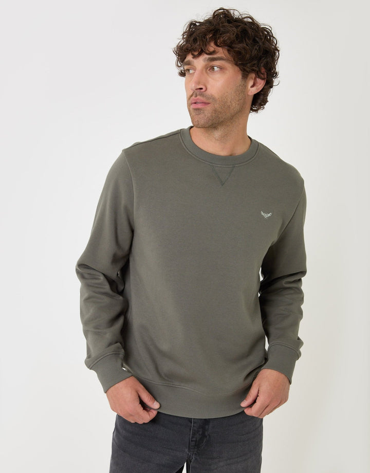 Threadbare Cotton Rich Crew Neck Sweatshirt in Dark Sage - front view