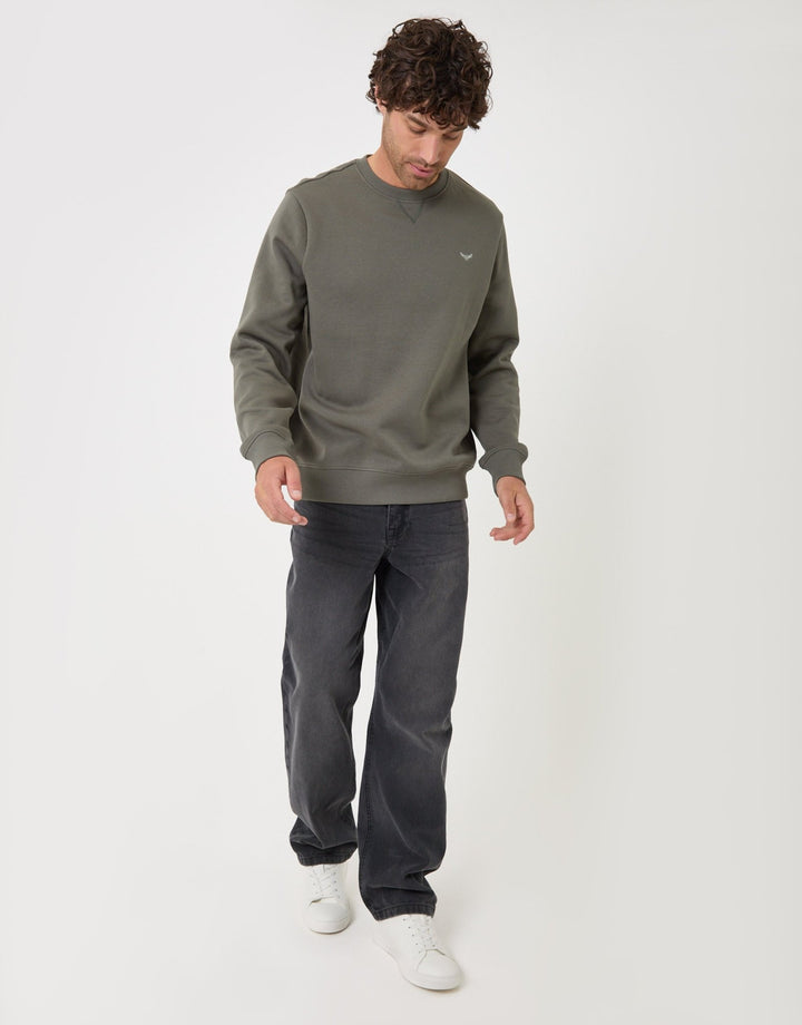 Threadbare Cotton Rich Crew Neck Sweatshirt in Dark Sage - full body