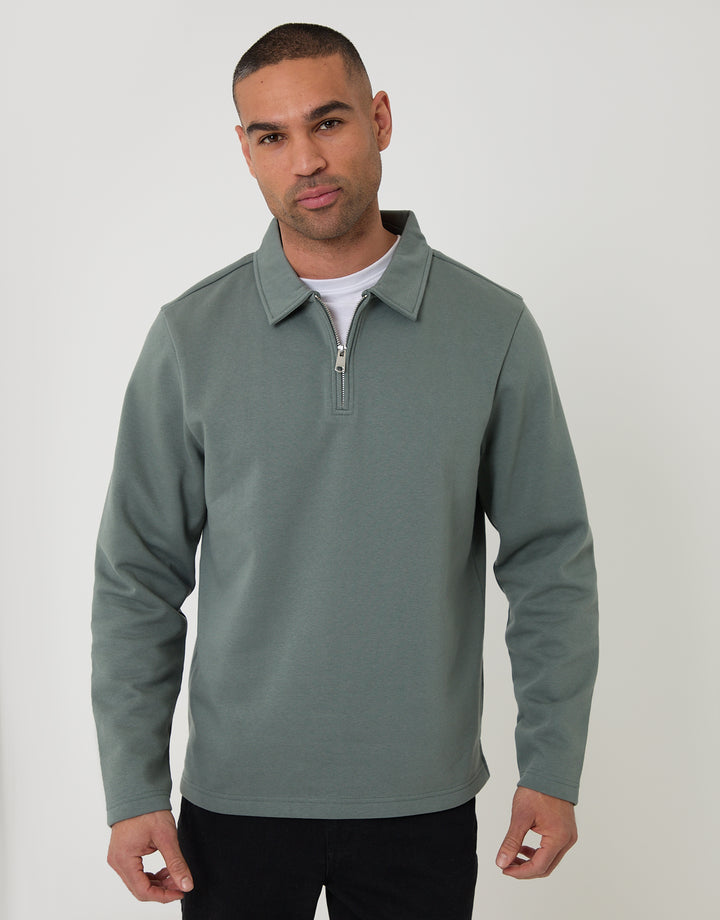Blue Quarter Zip Long Sleeve Polo Sweatshirt