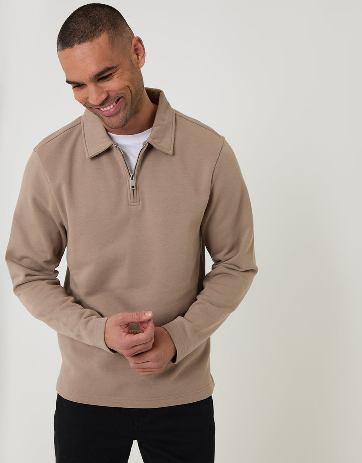Taupe Quarter Zip Long Sleeve Polo Sweatshirt