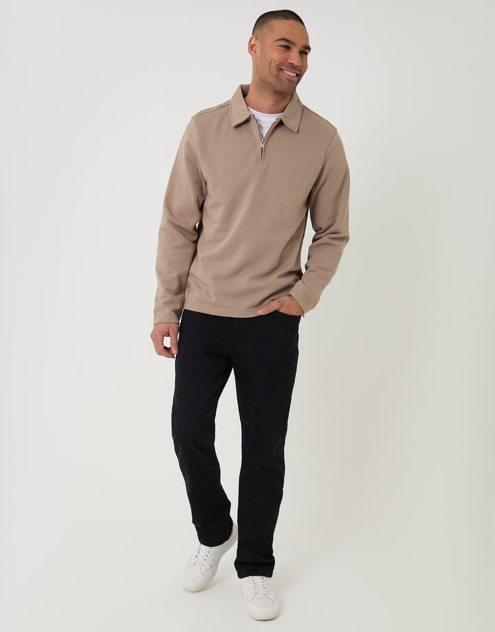 Taupe Quarter Zip Long Sleeve Polo Sweatshirt