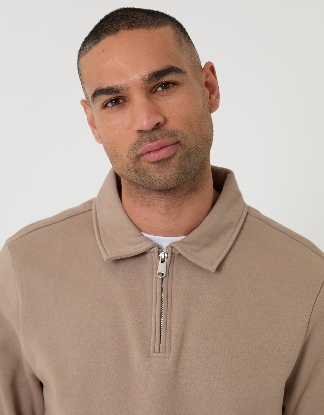 Taupe Quarter Zip Long Sleeve Polo Sweatshirt