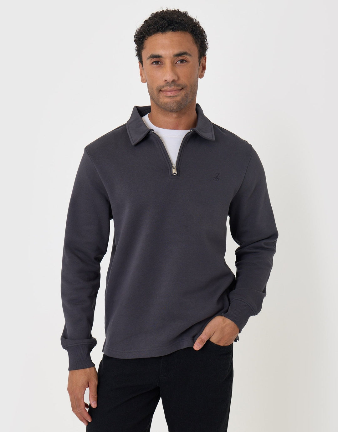 Threadbare Quarter Zip Long Sleeve Polo Sweatshirt in Charcoal - front view