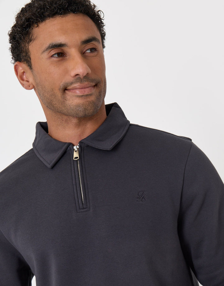 Threadbare Quarter Zip Long Sleeve Polo Sweatshirt in Charcoal - close up