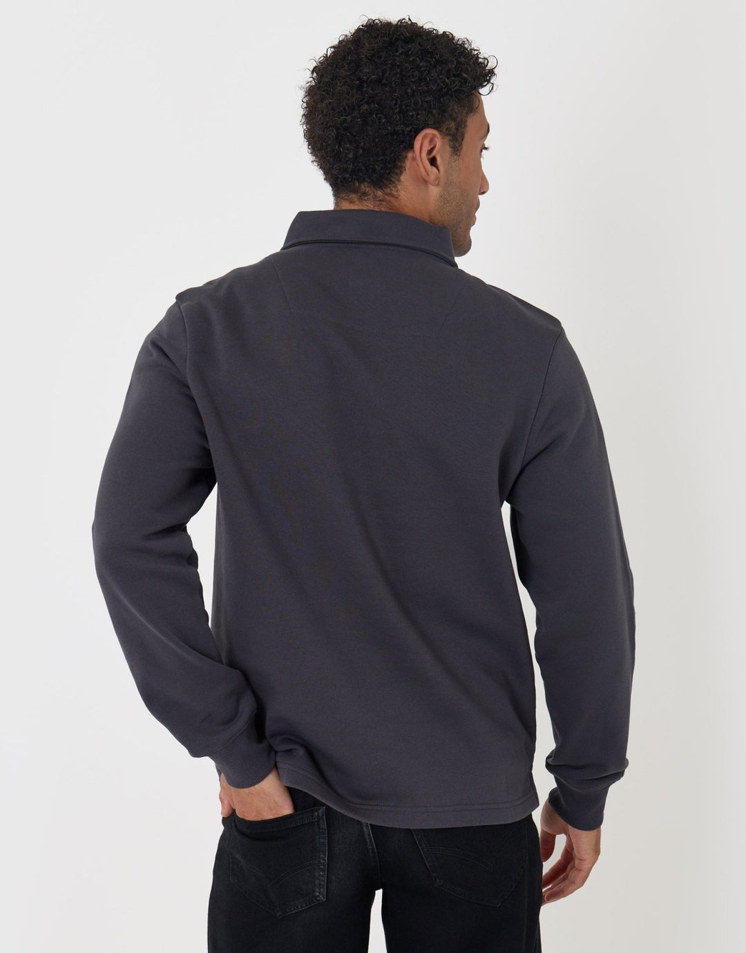 Threadbare Quarter Zip Long Sleeve Polo Sweatshirt in Charcoal - back view