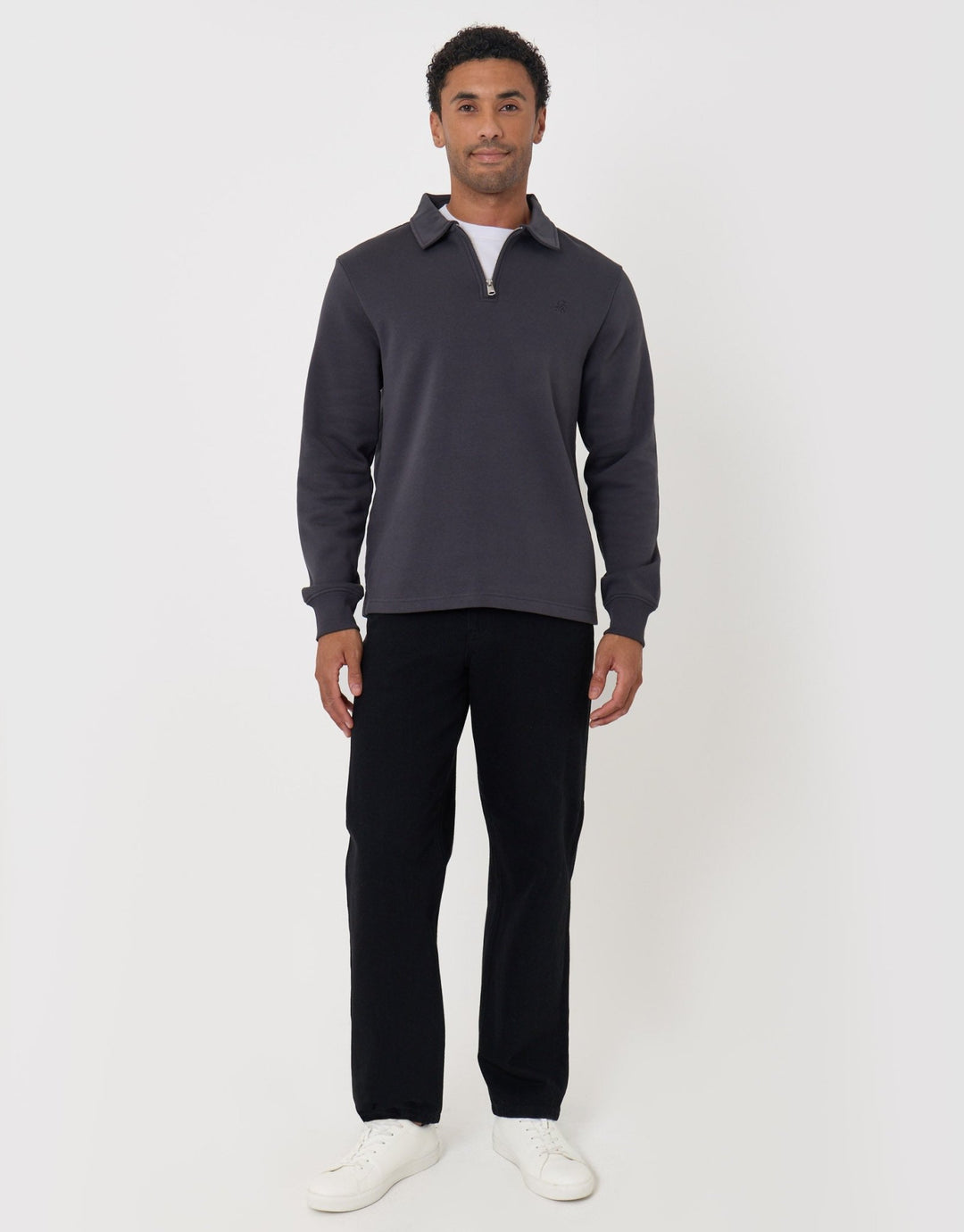 Threadbare Quarter Zip Long Sleeve Polo Sweatshirt in Charcoal - full body