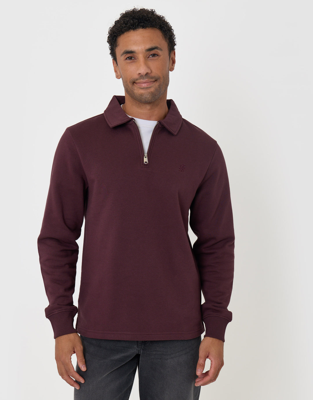 Threadbare Quarter Zip Long Sleeve Polo Sweatshirt in Burgundy - front view