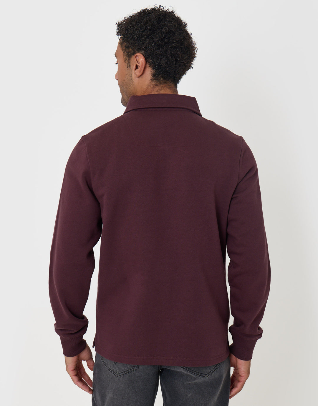 Threadbare Quarter Zip Long Sleeve Polo Sweatshirt in Burgundy - back view