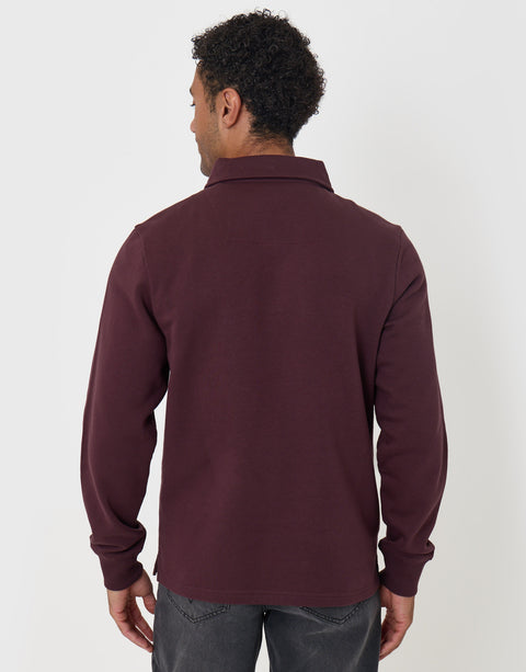 Threadbare Quarter Zip Long Sleeve Polo Sweatshirt in Burgundy - back view