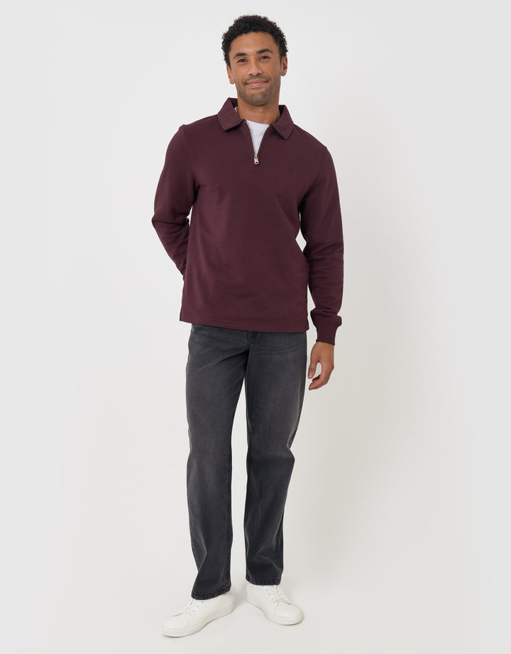 Threadbare Quarter Zip Long Sleeve Polo Sweatshirt in Burgundy - full body