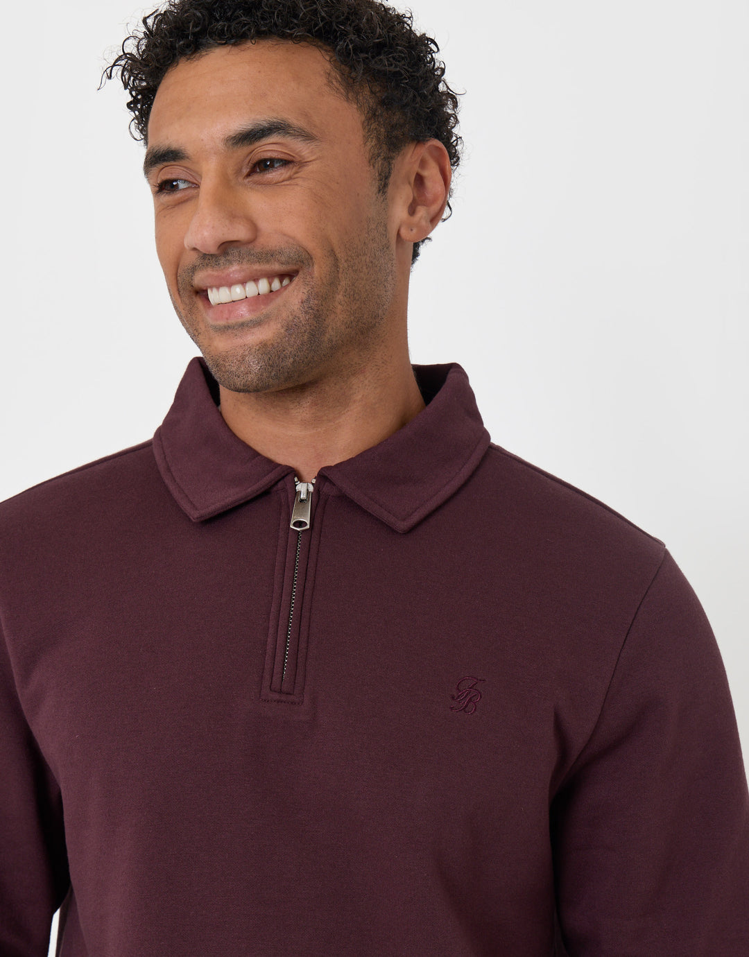 Threadbare Quarter Zip Long Sleeve Polo Sweatshirt in Burgundy - close up