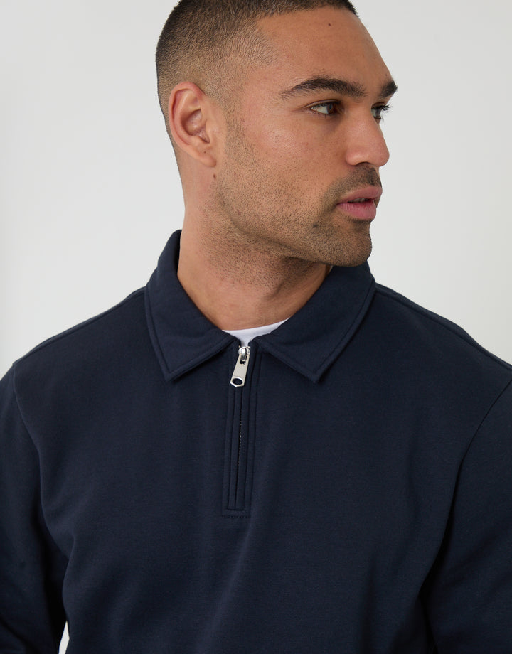 Navy Quarter Zip Long Sleeve Polo Sweatshirt