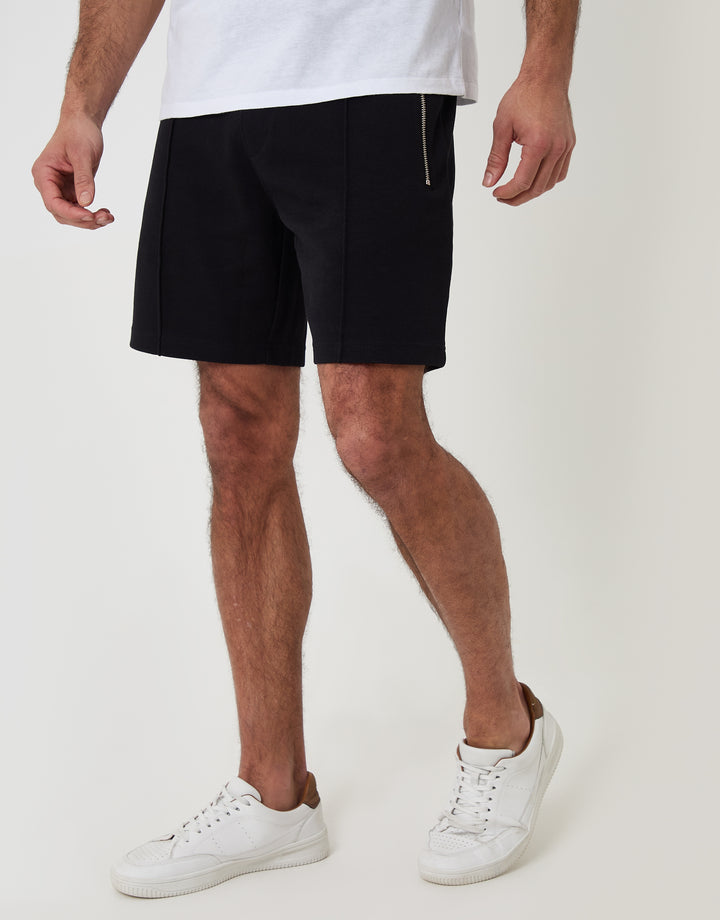 Threadbare Pique Pleated Sweat Shorts in Black - front view