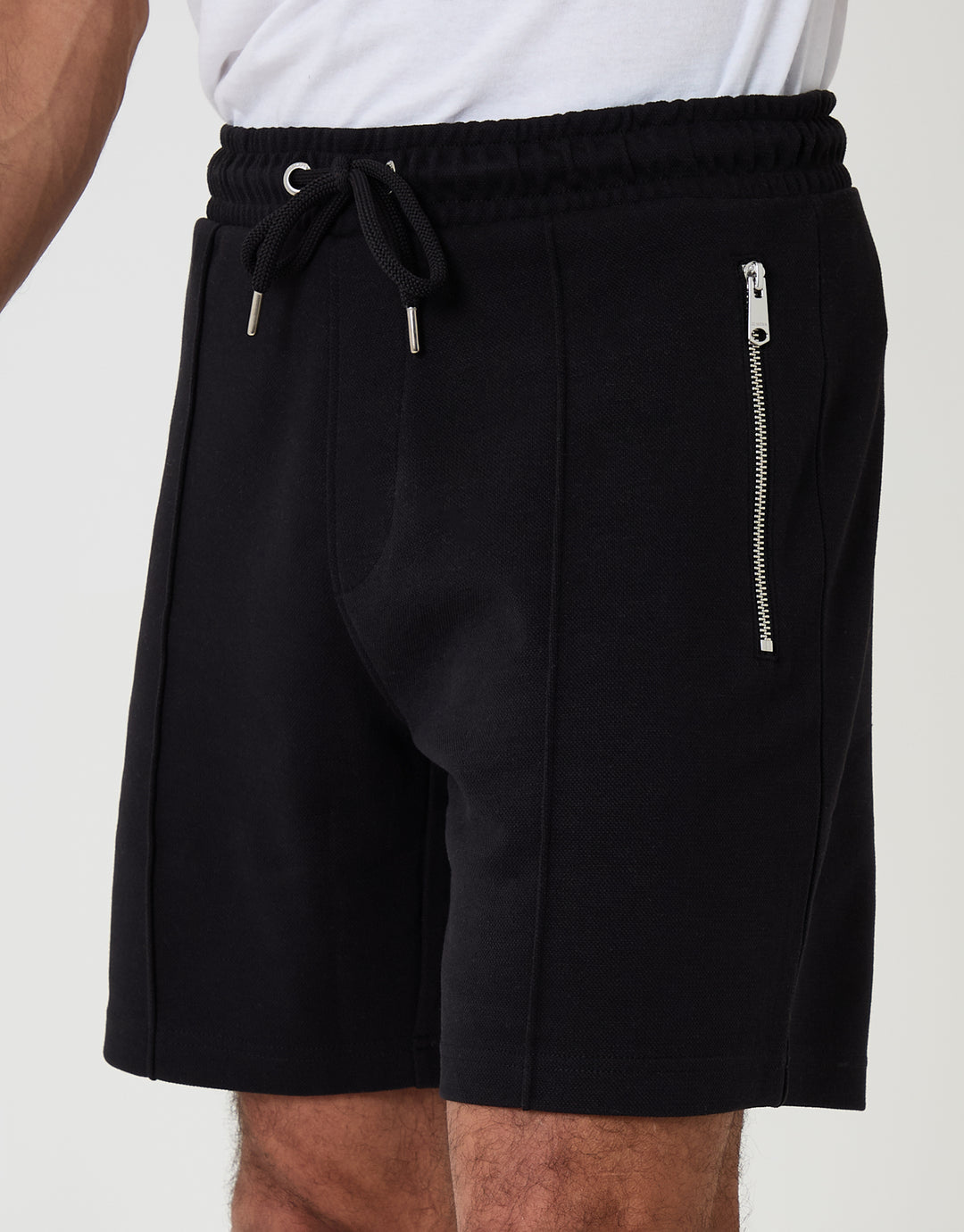Threadbare Pique Pleated Sweat Shorts in Black - front view close up