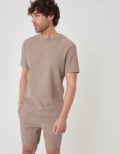 Threadbare Regular Fit Ribbed Shorts in Taupe - full body