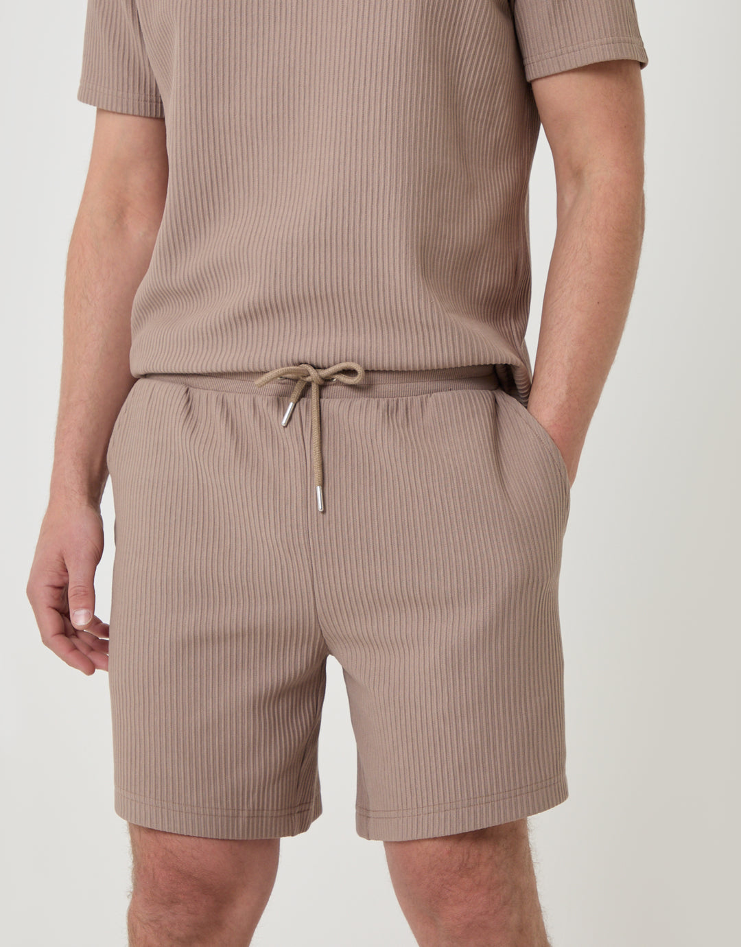 Threadbare Regular Fit Ribbed Shorts in Taupe - close up