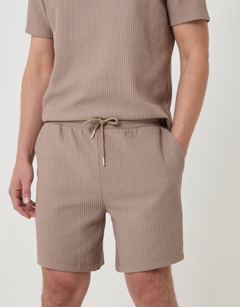 Threadbare Regular Fit Ribbed Shorts in Taupe - close up