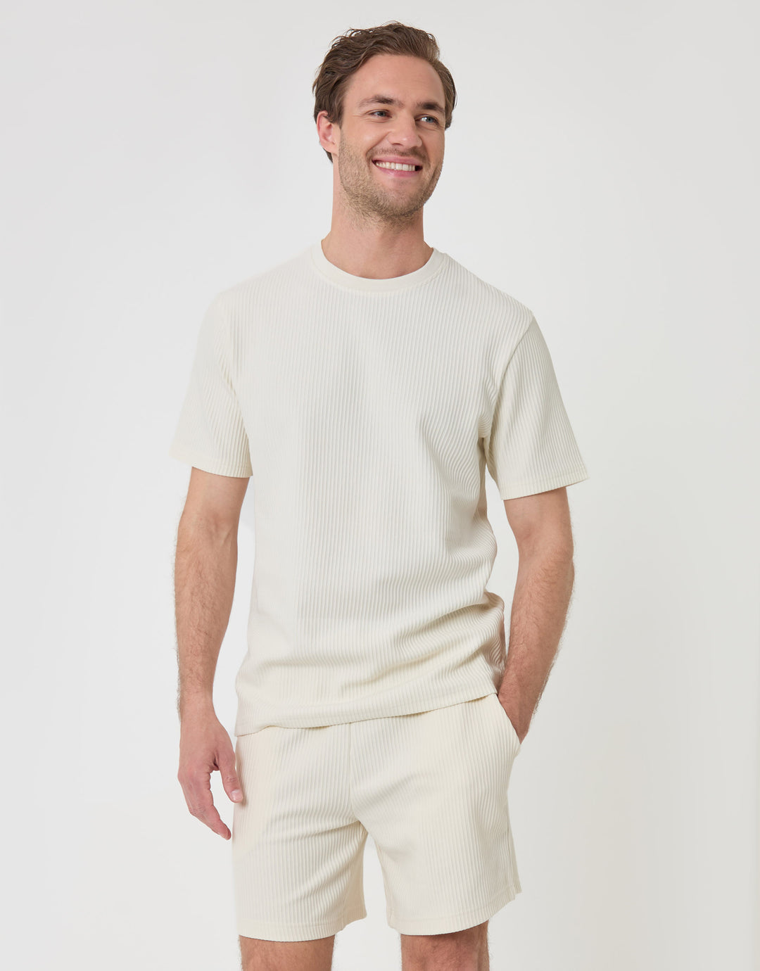 Threadbare Regular Fit Ribbed Shorts in Ecru - full body