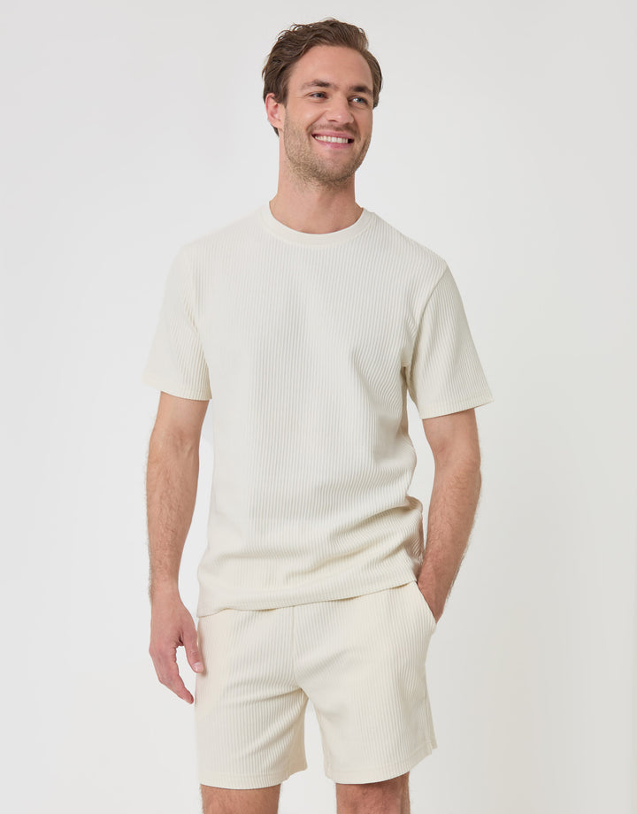 Threadbare Regular Fit Ribbed Shorts in Ecru - full body