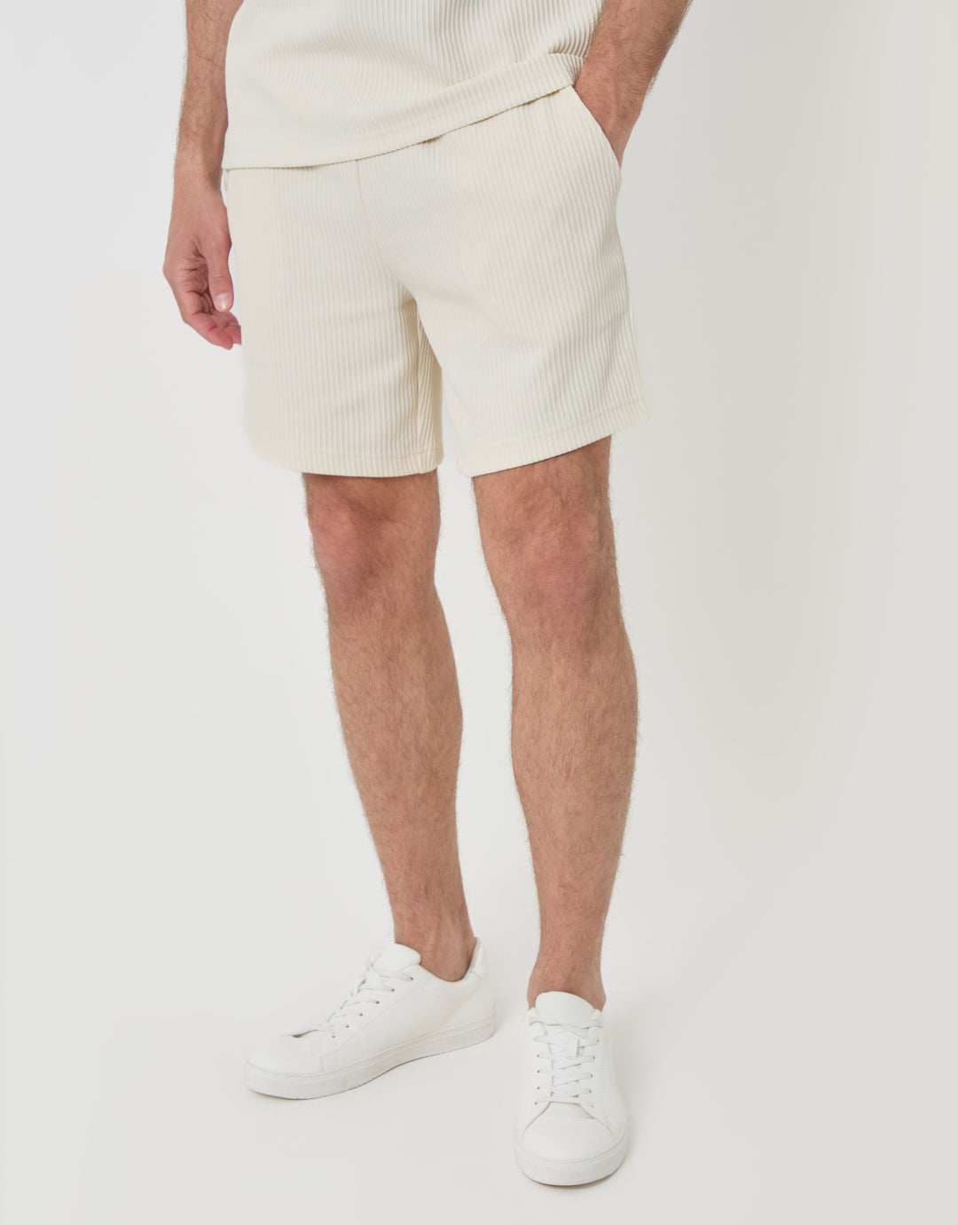 Threadbare Regular Fit Ribbed Shorts in Ecru - front view