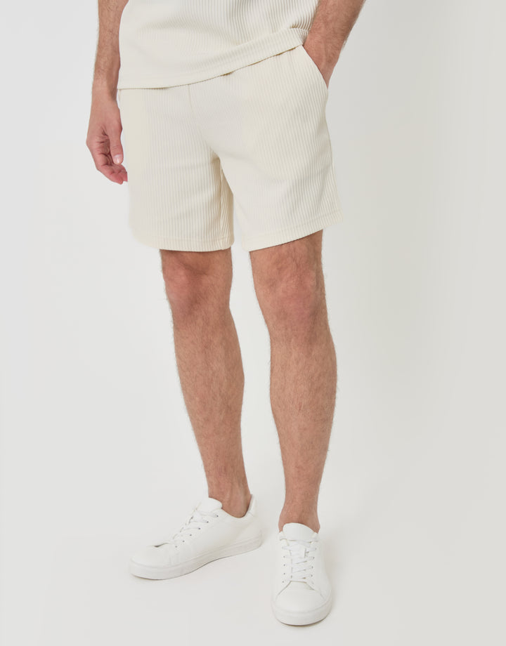 Threadbare Regular Fit Ribbed Shorts in Ecru - front view