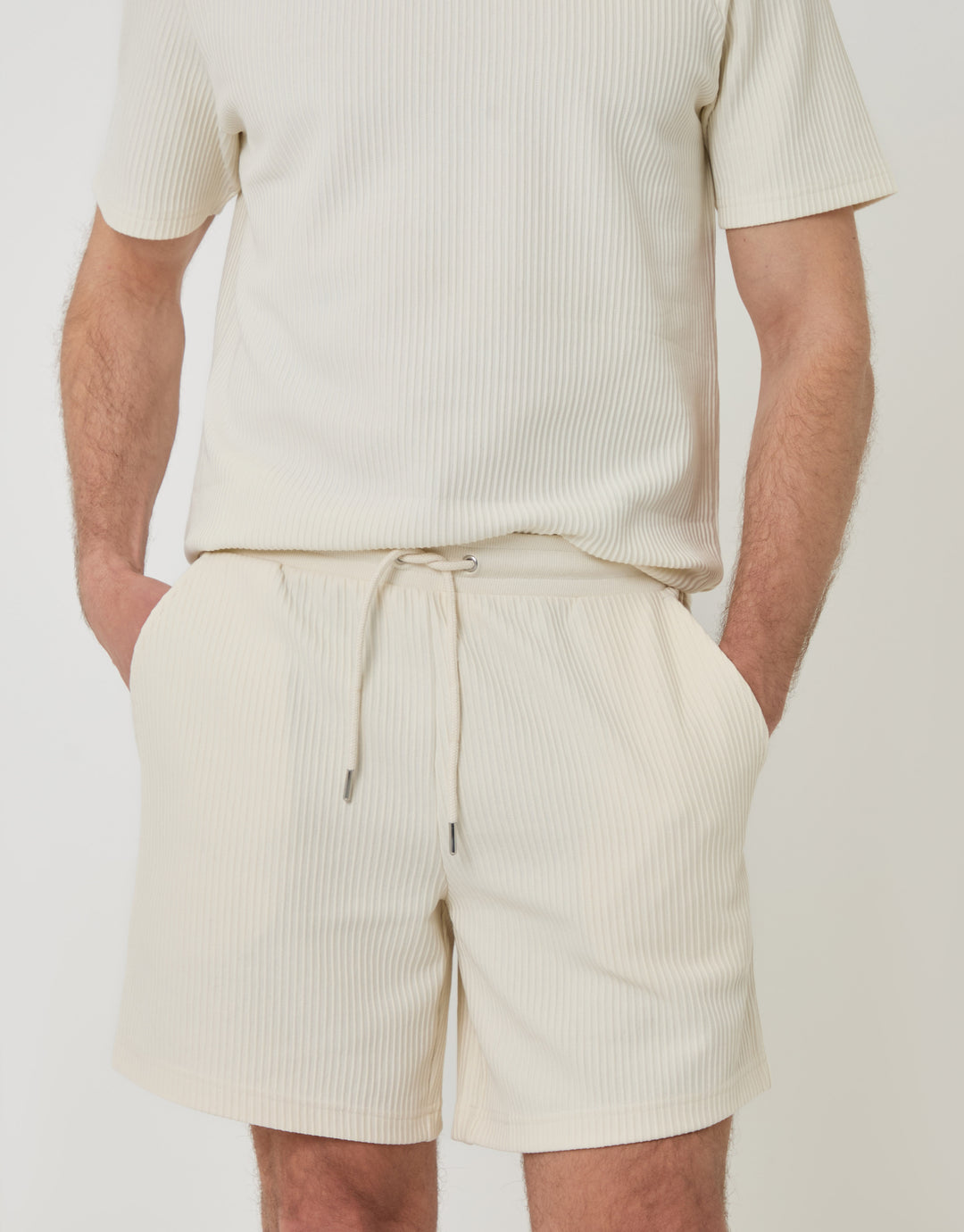 Threadbare Regular Fit Ribbed Shorts in Ecru - close up