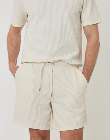Threadbare Regular Fit Ribbed Shorts in Ecru - close up