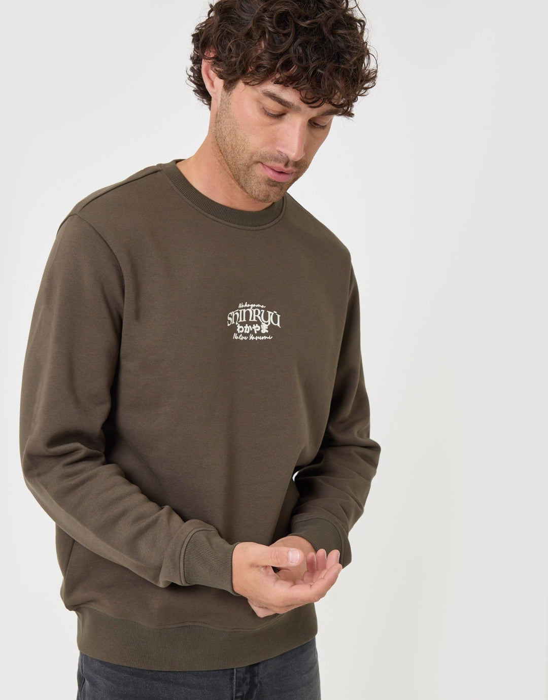 Cotton Rich Shinryu Print Crew Neck Sweatshirt in Khaki