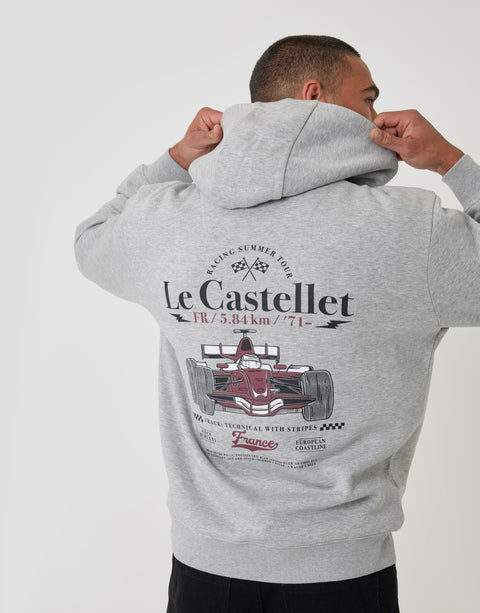 Threadbare Relaxed Fit Le Castellet Graphic Print Hoodie in Grey Marl - back view