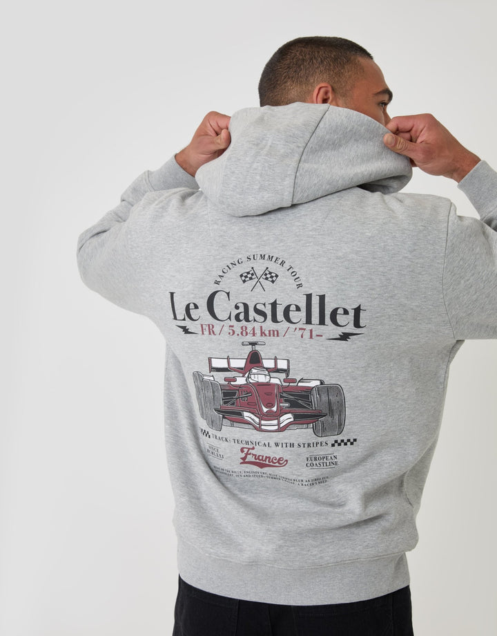 Threadbare Relaxed Fit Le Castellet Graphic Print Hoodie in Grey Marl - back view