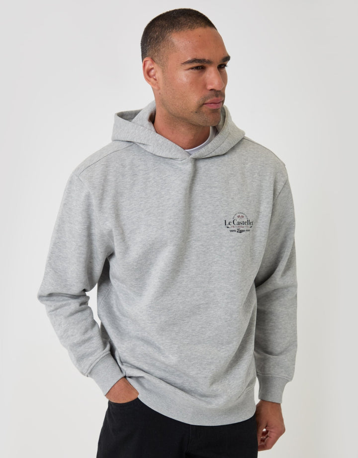 Threadbare Relaxed Fit Le Castellet Graphic Print Hoodie in Grey Marl - front view