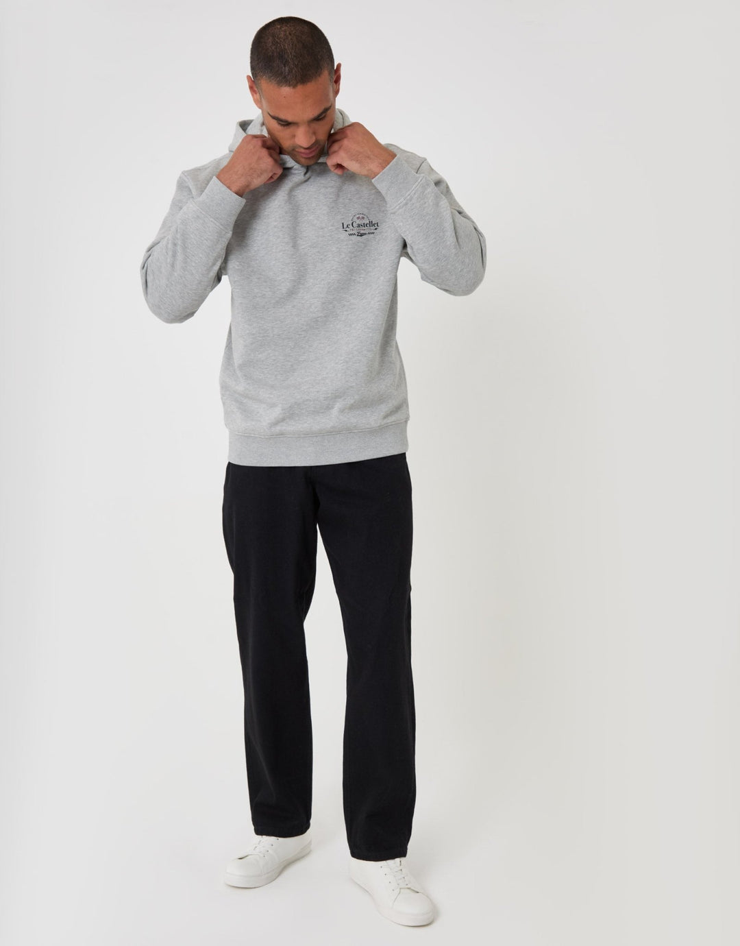 Threadbare Relaxed Fit Le Castellet Graphic Print Hoodie in Grey Marl - full body