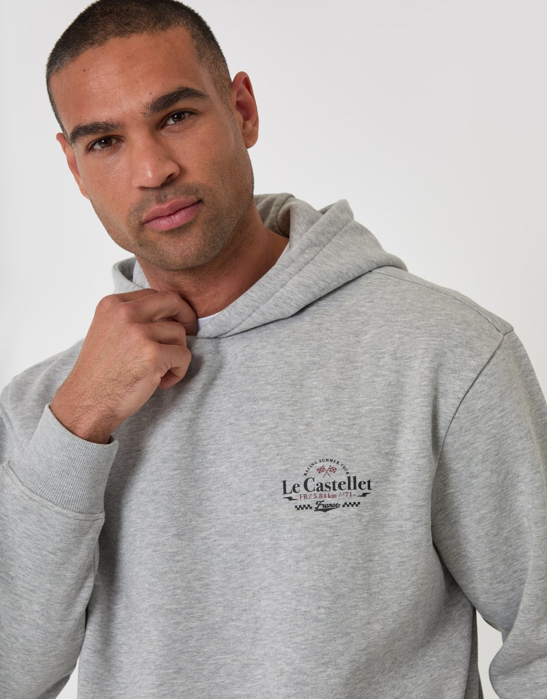 Threadbare Relaxed Fit Le Castellet Graphic Print Hoodie in Grey Marl - close up