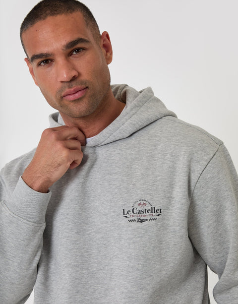 Threadbare Relaxed Fit Le Castellet Graphic Print Hoodie in Grey Marl - close up