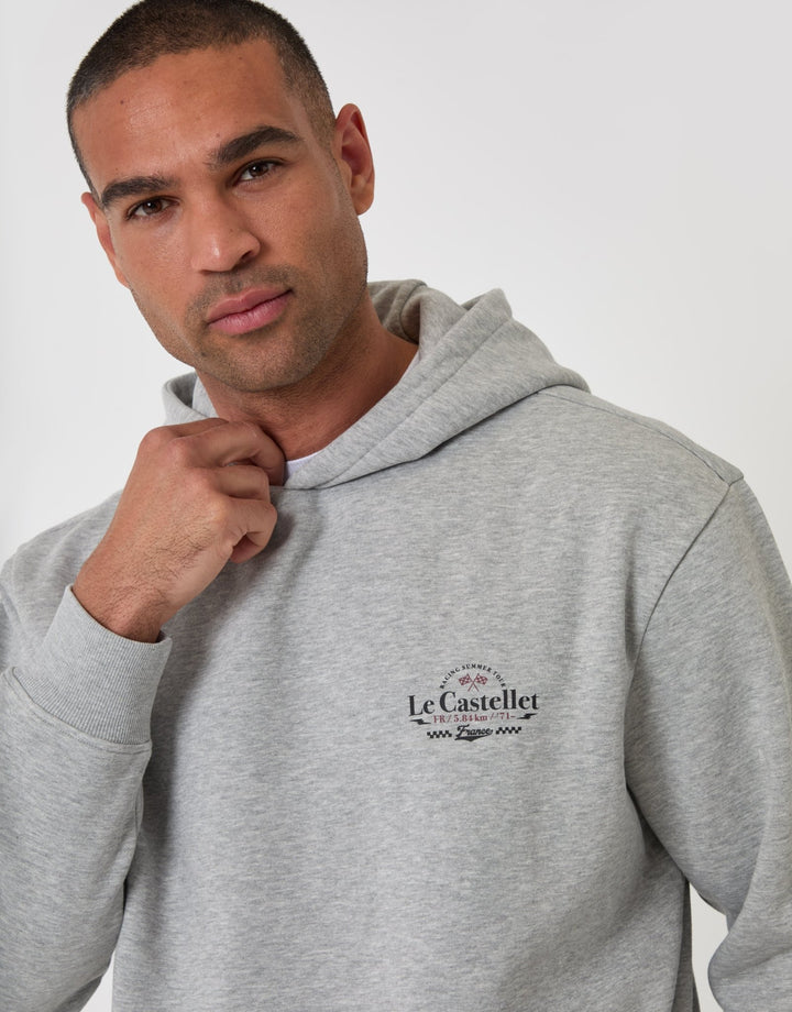 Threadbare Relaxed Fit Le Castellet Graphic Print Hoodie in Grey Marl - close up