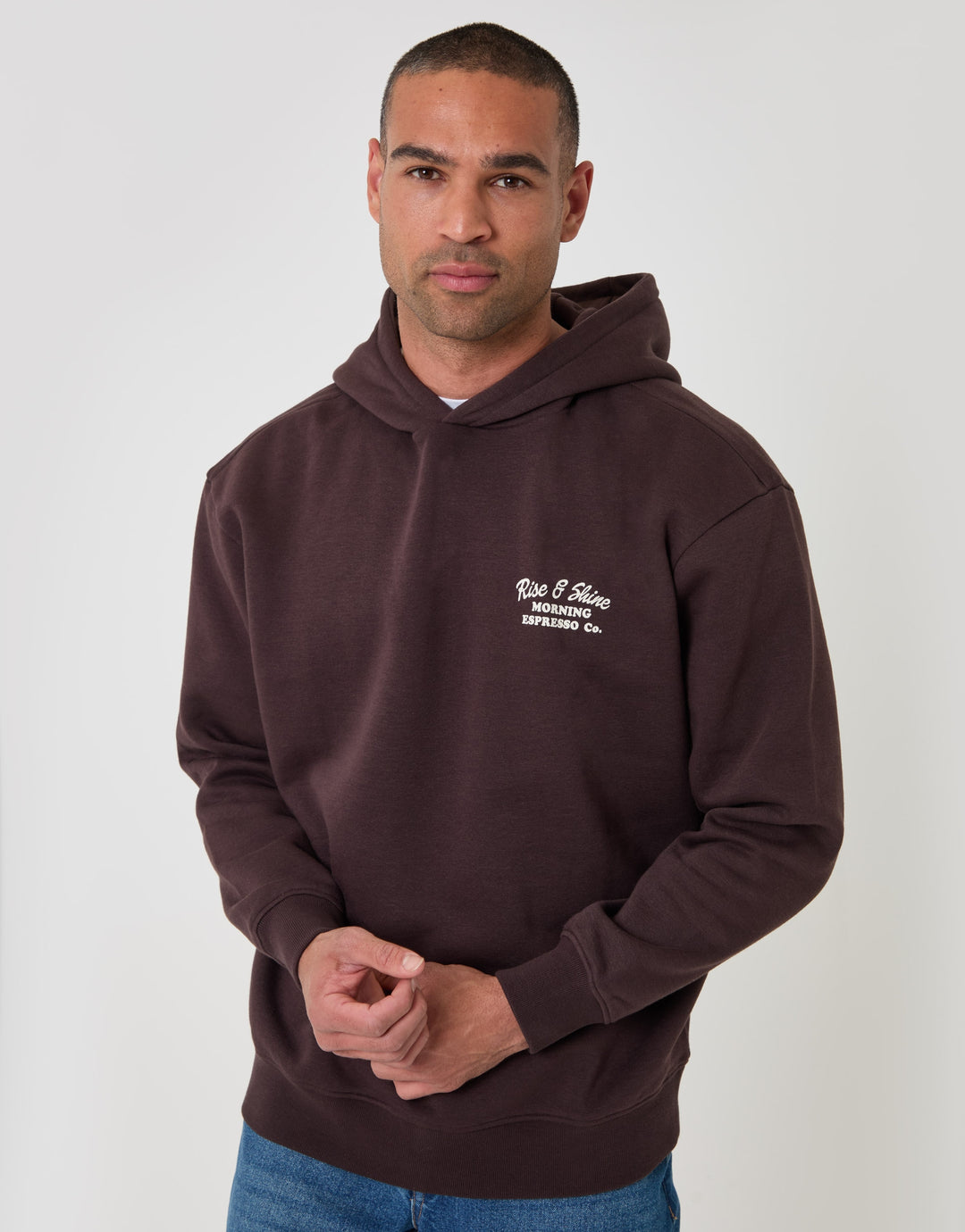 Cotton Rich Espresso Print Overhead Hoodie in Chocolate Brown