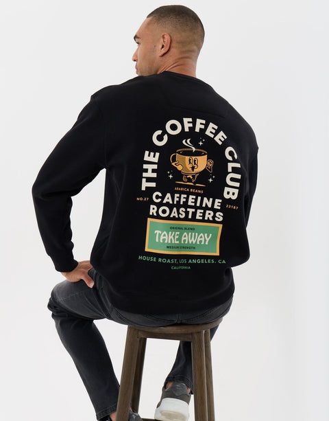 Threadbare Relaxed Fit Coffee Club Graphic Print Sweatshirt in Black - sat down