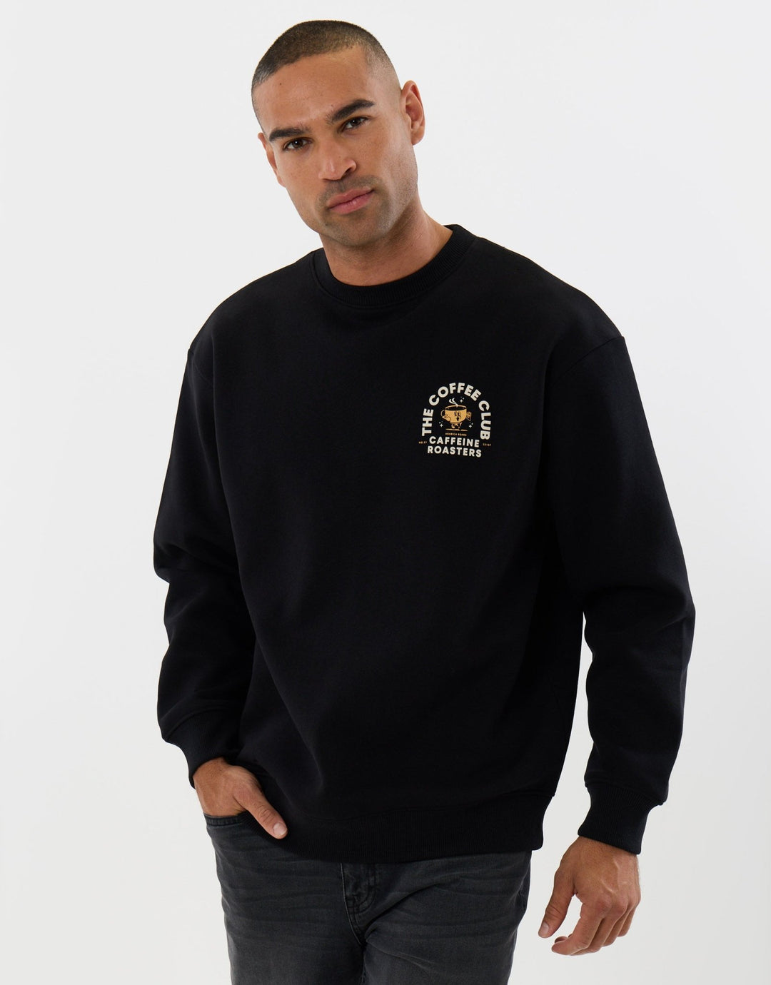 Threadbare Relaxed Fit Coffee Club Graphic Print Sweatshirt in Black - front view