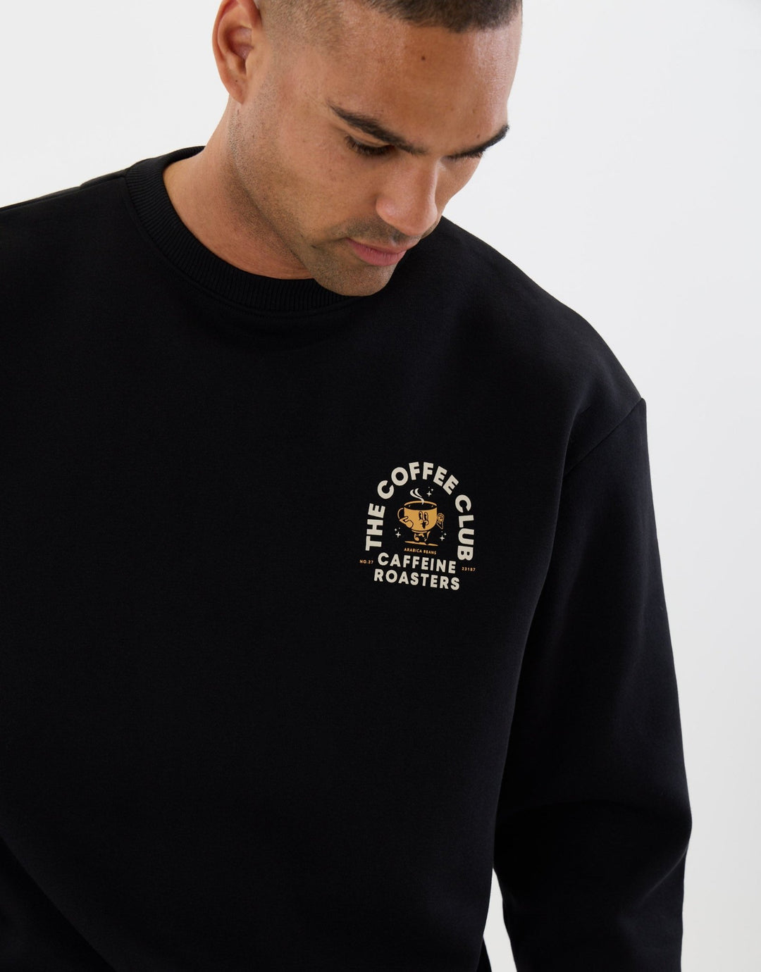 Threadbare Relaxed Fit Coffee Club Graphic Print Sweatshirt in Black - close  up