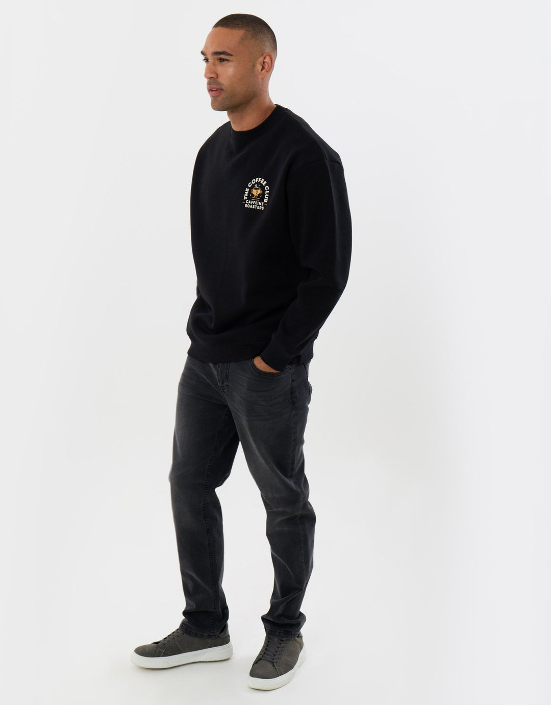 Threadbare Relaxed Fit Coffee Club Graphic Print Sweatshirt in Black - full body