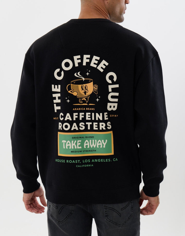 Threadbare Relaxed Fit Coffee Club Graphic Print Sweatshirt in Black - back view