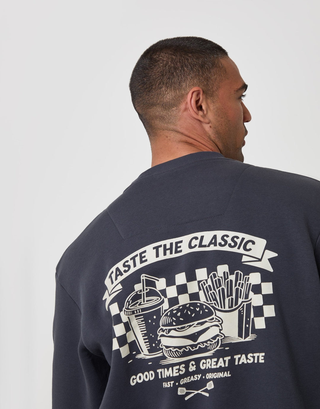 Threadbare Relaxed Fit Taste the Classics Graphic Print Sweatshirt in Charcoal - back view